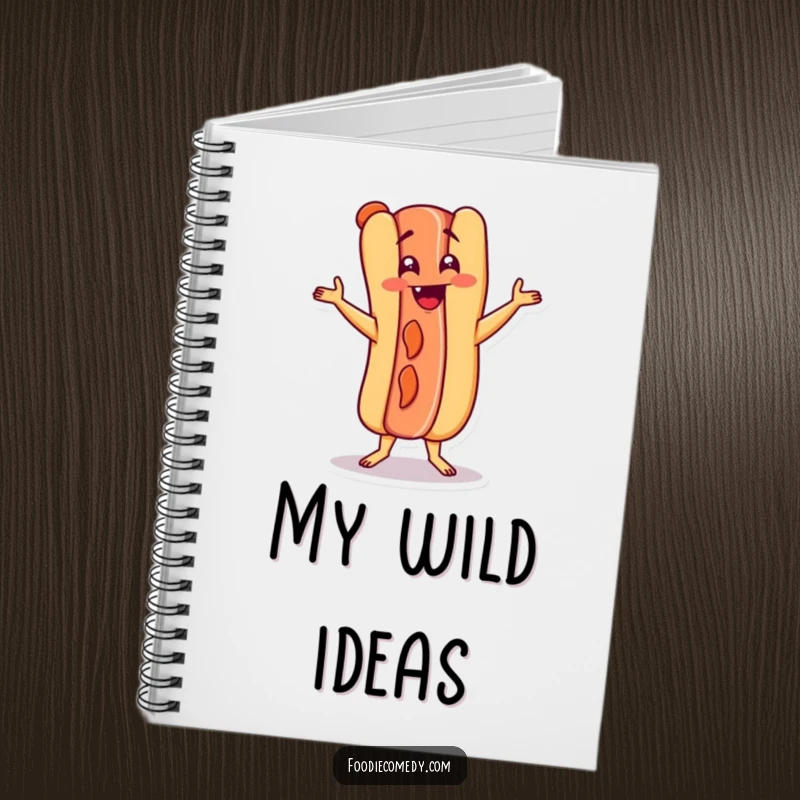 Funny hot dog character doing the Charleston on a notebook, adding energetic humor to note-taking.