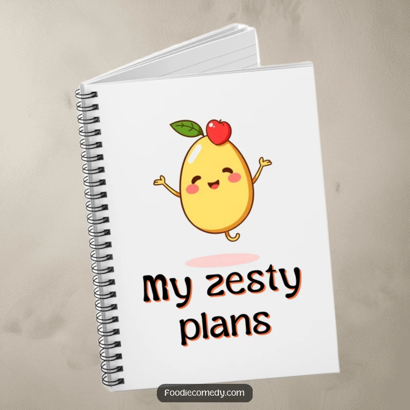 Funny notebook with a vibrant piece of fruit character doing a merry jig, perfect for jotting down ideas and creative thoughts.