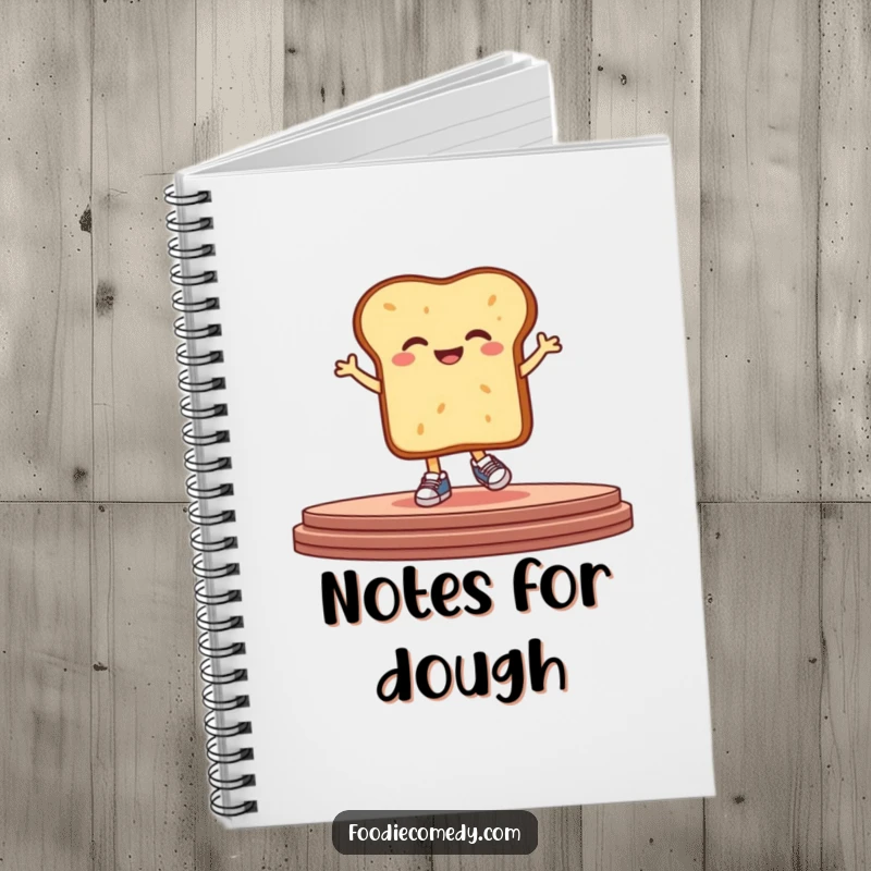 Funny bread notebook with a giggling, stylized loaf in tiny sneakers, hopping on a stage, perfect for jotting down ideas with humor.