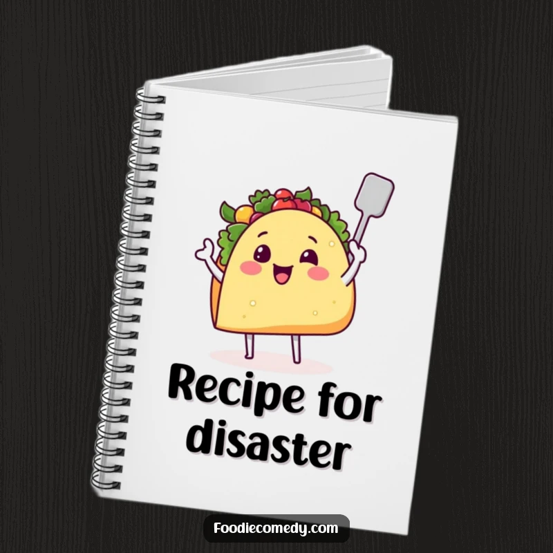 Funny taco notebook with a cover showing a smiling taco with tiny legs and a spatula, perfect for jotting down culinary notes.