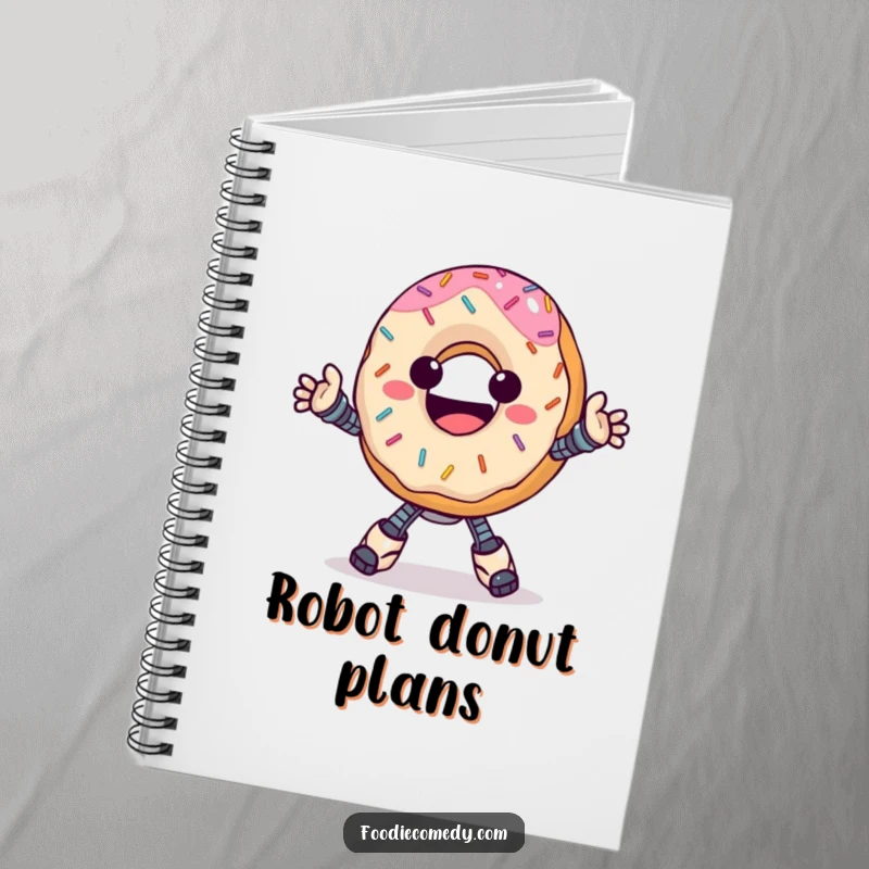Funny donut notebook, happy with sprinkles, doing a groovy robot dance, for jotting down sweet and funny ideas.