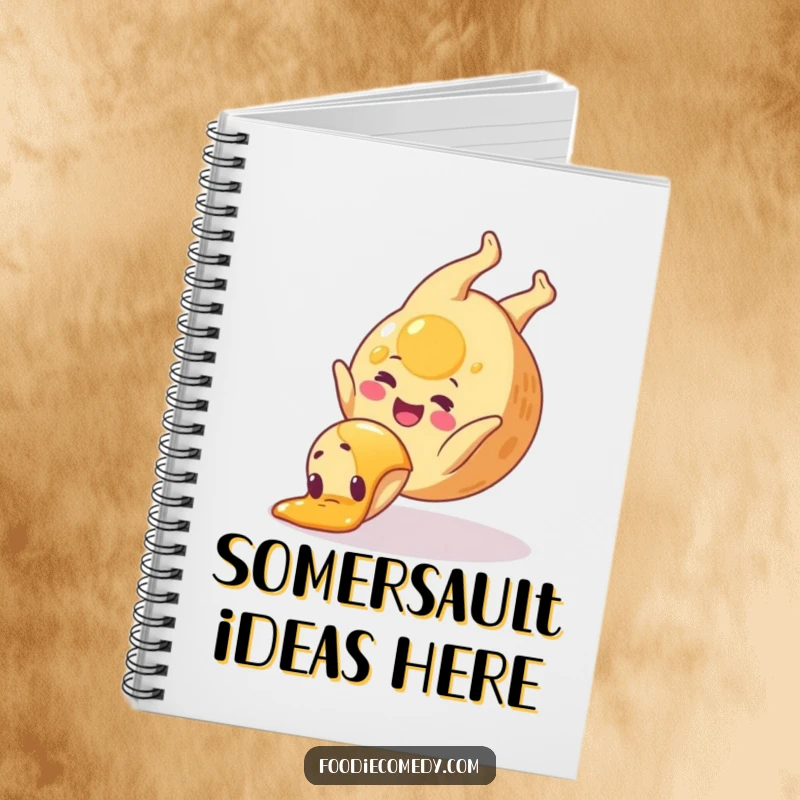 Funny pancake notebook featuring a happy pancake doing a syrup somersault, perfect for capturing notes with breakfast humor.