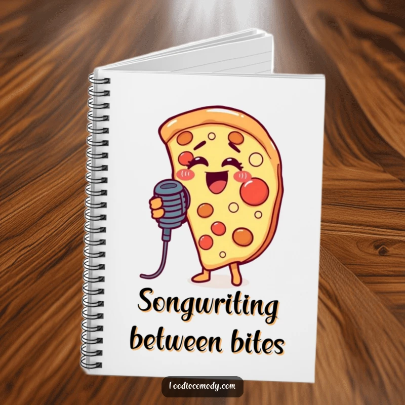 Funny notebook cover designed with a pizza slice passionately singing into a microphone, inspiring creative writing and musical ideas.