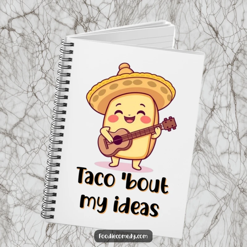Funny taco notebook with a sombrero and guitar, ideal for writing notes and creative ideas.