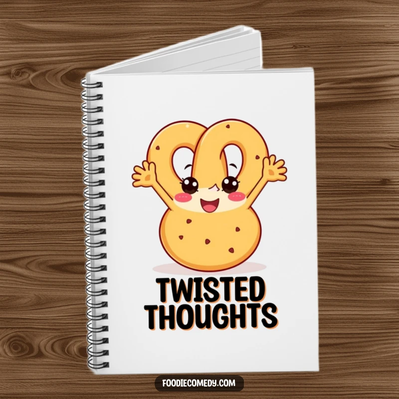 Funny pretzel notebook featuring a joyful pretzel with arms boogying with enthusiasm, for jotting down fun ideas.