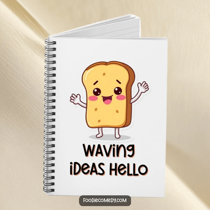 Funny notebook with a cover illustration of a bread loaf character waving energetically, perfect for jotting down notes with a touch of humor. Great for daily journaling.