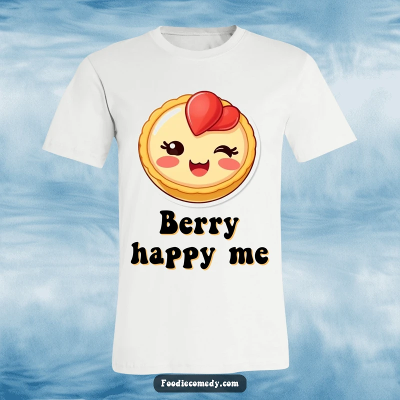 Funny blushing fruit tart t-shirt with a delighted expression, a sweet and charming dessert character.