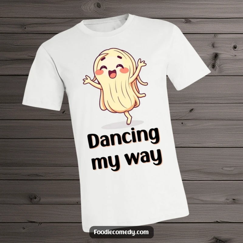 Funny wiggling noodle t-shirt, a playful pasta character captured mid-dance, full of silly energy and movement.