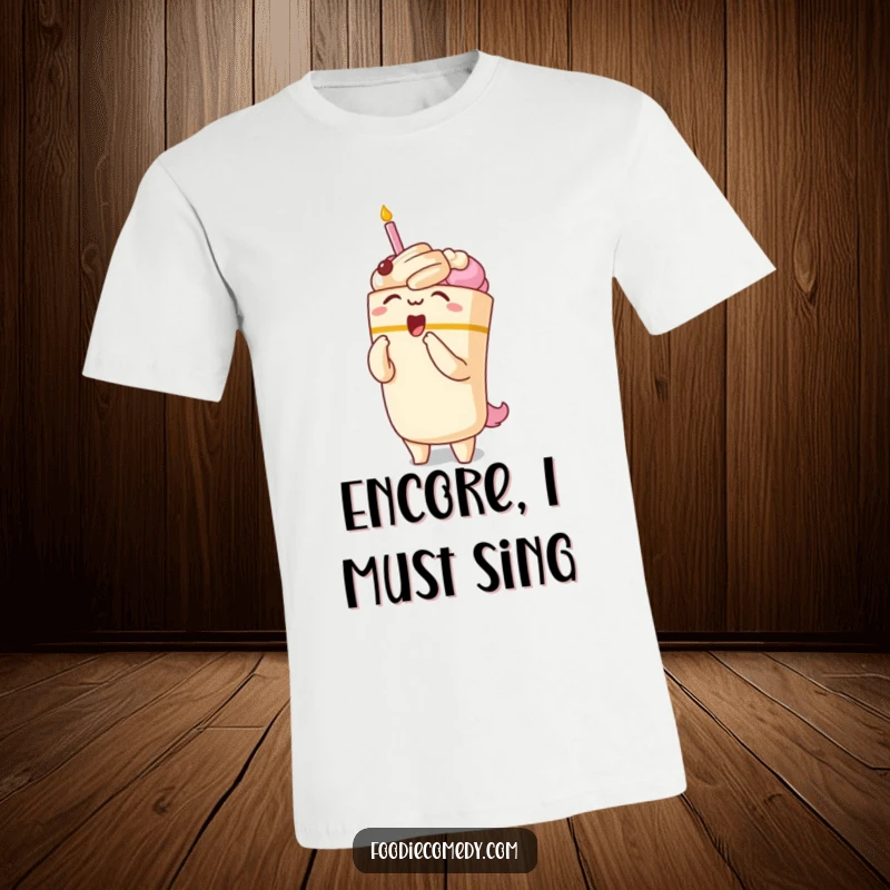 Funny t-shirt showcasing a kawaii cake character performing an exaggerated, dramatic opera bow, embodying theatrical flair.