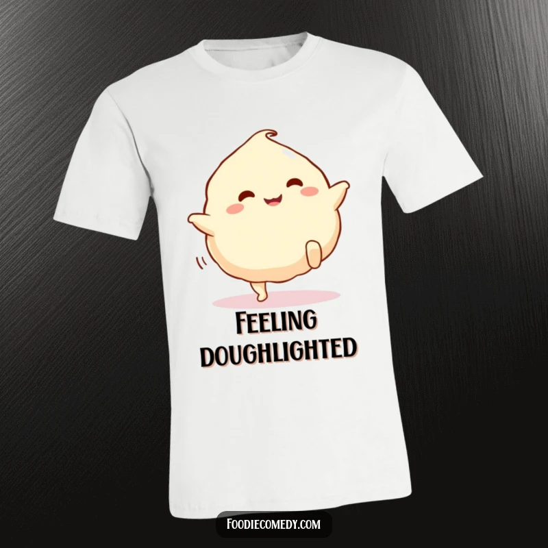 Funny dumpling t-shirt, showcasing a cute dumpling with cartoon legs doing a happy, energetic kick.