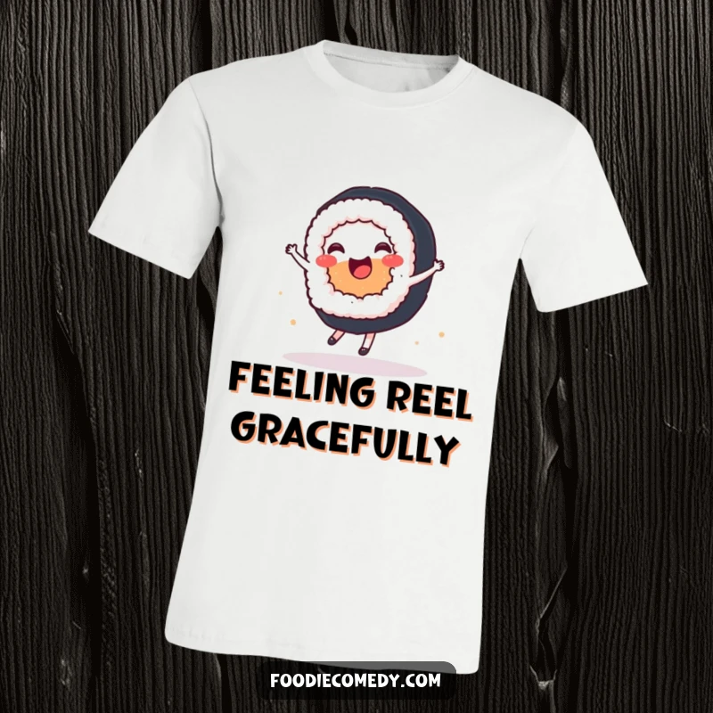 Funny t-shirt featuring a joyful sushi roll performing a graceful ballet spin, conveying elegance and happiness.