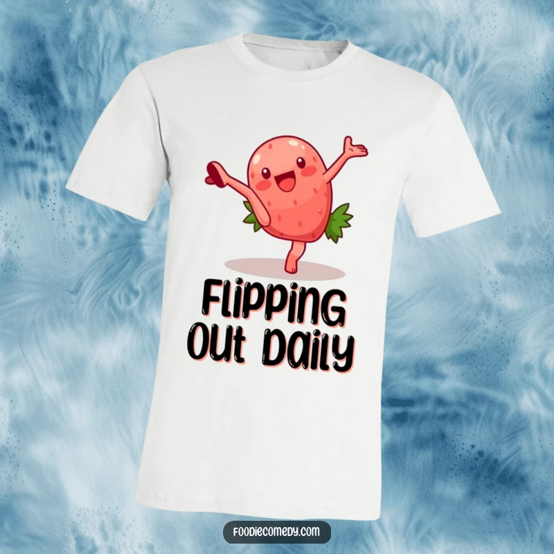 Funny t-shirt with a strawberry character performing a dynamic cartwheel, radiating pure fun and sporty vibes. A must-have for fans of humorous apparel.
