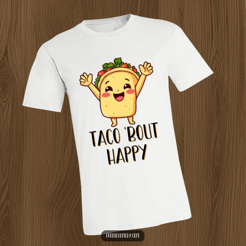 A cheerful, anthropomorphic taco with its arms up, radiating spicy salsa from a funny t-shirt design.