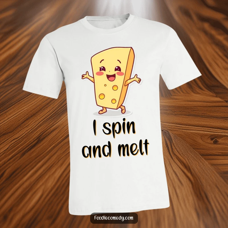 Funny cheese wedge character breakdancing with flair on a t-shirt, showcasing energetic movement and cheesy fun.