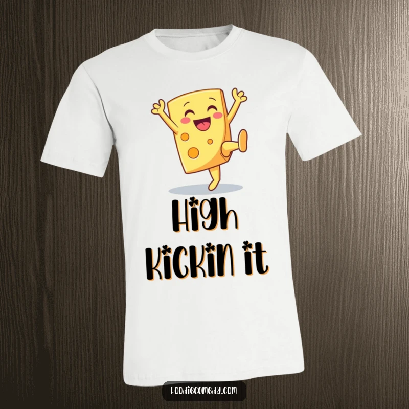 Funny smiling cheese wedge performing a high kick, a food character on a graphic t-shirt.