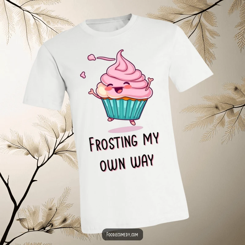 Funny t-shirt depicting a cupcake character in a joyful twirl, with frosting playfully scattered, capturing a moment of pure, sweet delight. Perfect for dessert lovers.