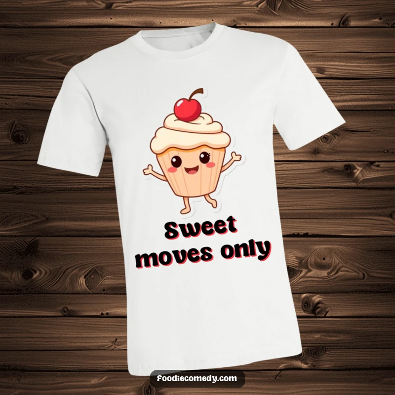 Funny t-shirt depicting a smiling cupcake with a cherry, energetically doing a little dance, full of sweet enthusiasm.