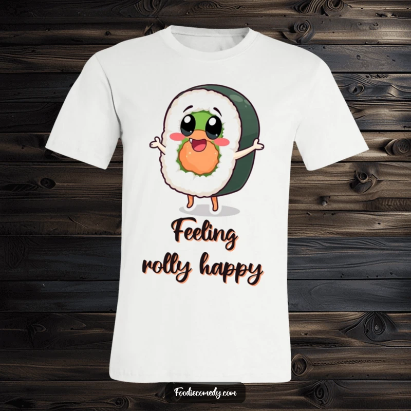 Funny sushi roll t-shirt featuring a dancing character with big, happy eyes, full of glee.