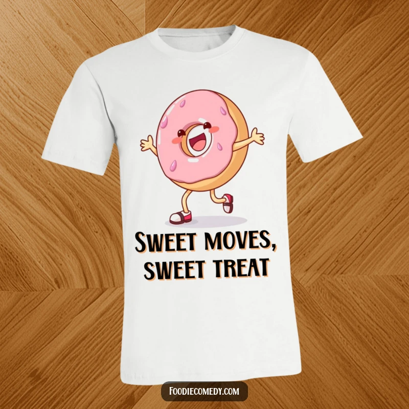 Funny donut t-shirt, donut doing a tap dance, energetic food graphic tee, sweet moves.