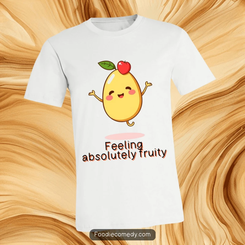 Funny t-shirt featuring a vibrant piece of fruit performing a merry jig with infectious energy and joy.