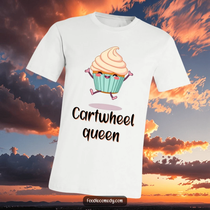 Funny Cupcake T-Shirt with legs doing a joyful cartwheel, showcasing a happy dessert with energetic movement.
