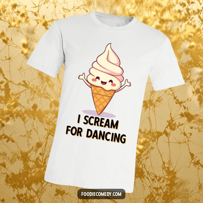 Funny t-shirt featuring a happy ice cream cone doing a lively boogie dance with infectious enthusiasm.