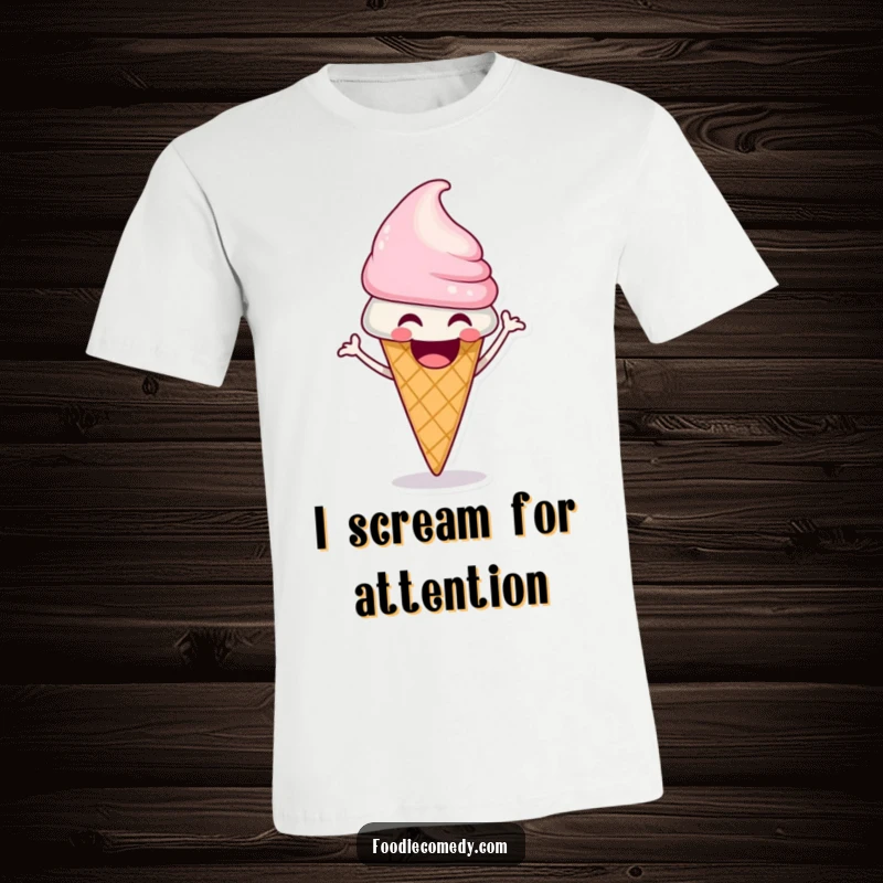 Funny ice cream cone t-shirt showing a laughing character doing a funky, energetic shimmy move.