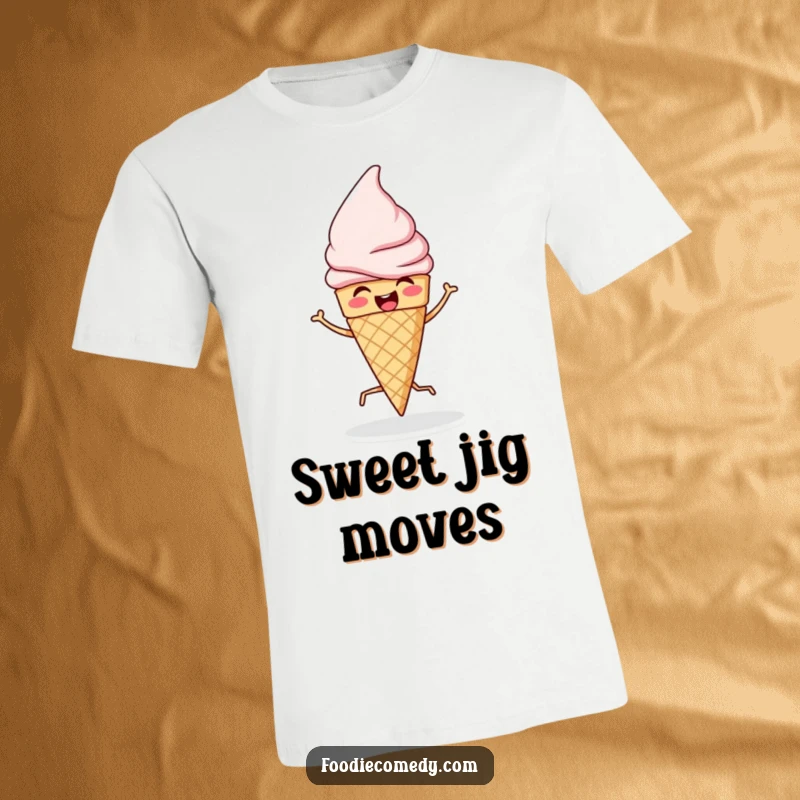 Funny t-shirt featuring a happy ice cream cone doing a lively jig, capturing a moment of pure, funny joy.