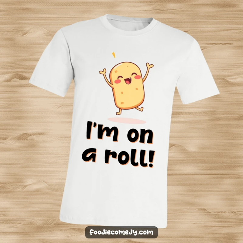 Funny t-shirt featuring a jubilant bread roll performing a lively jig, embodying a spirit of celebration and fun.