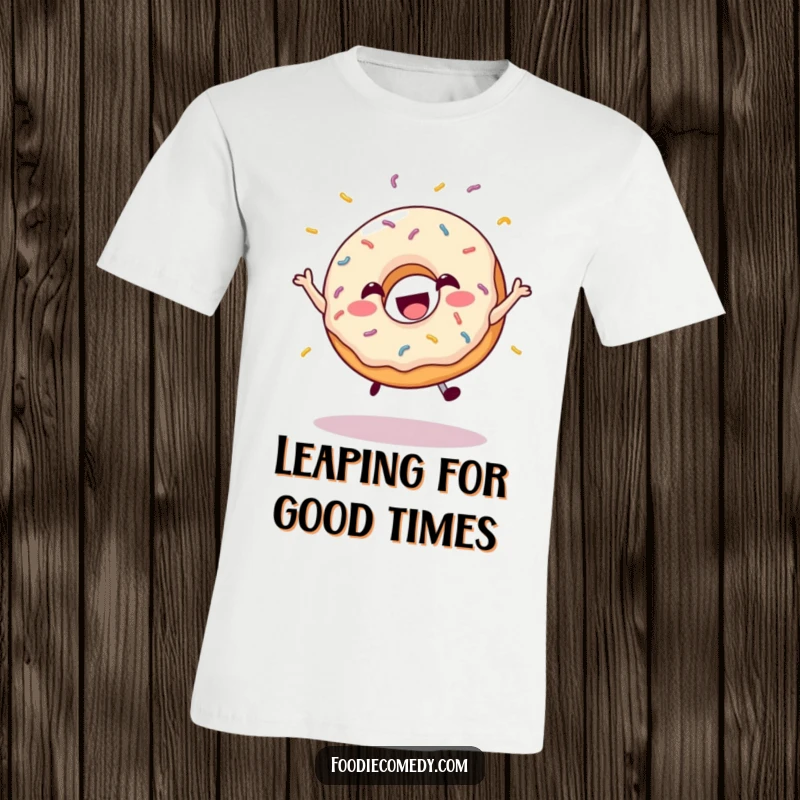 Funny t-shirt showing a happy donut with flying sprinkles, caught mid-joyful leap, full of energy.