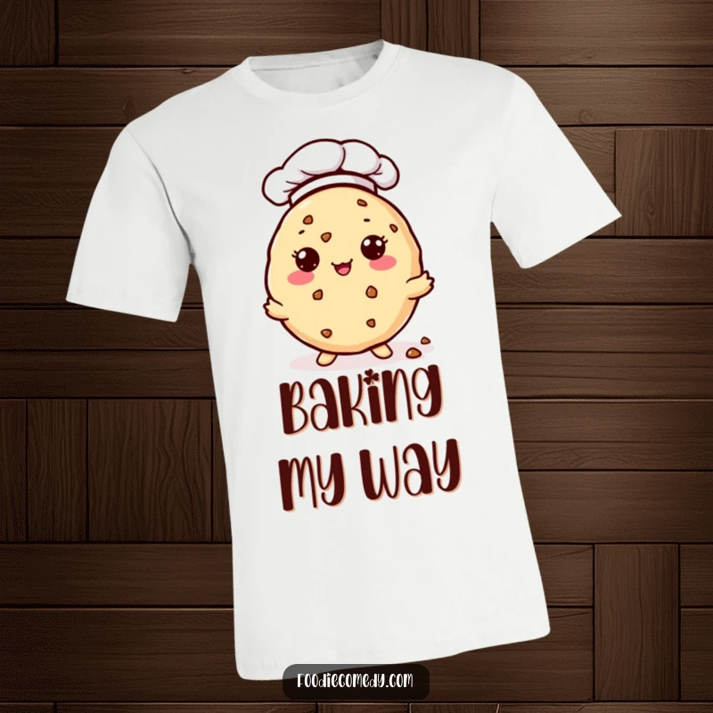 Funny T-Shirt: A kawaii cookie wearing a chef hat kindly offers small crumbs. A humorous tee for passionate bakers.