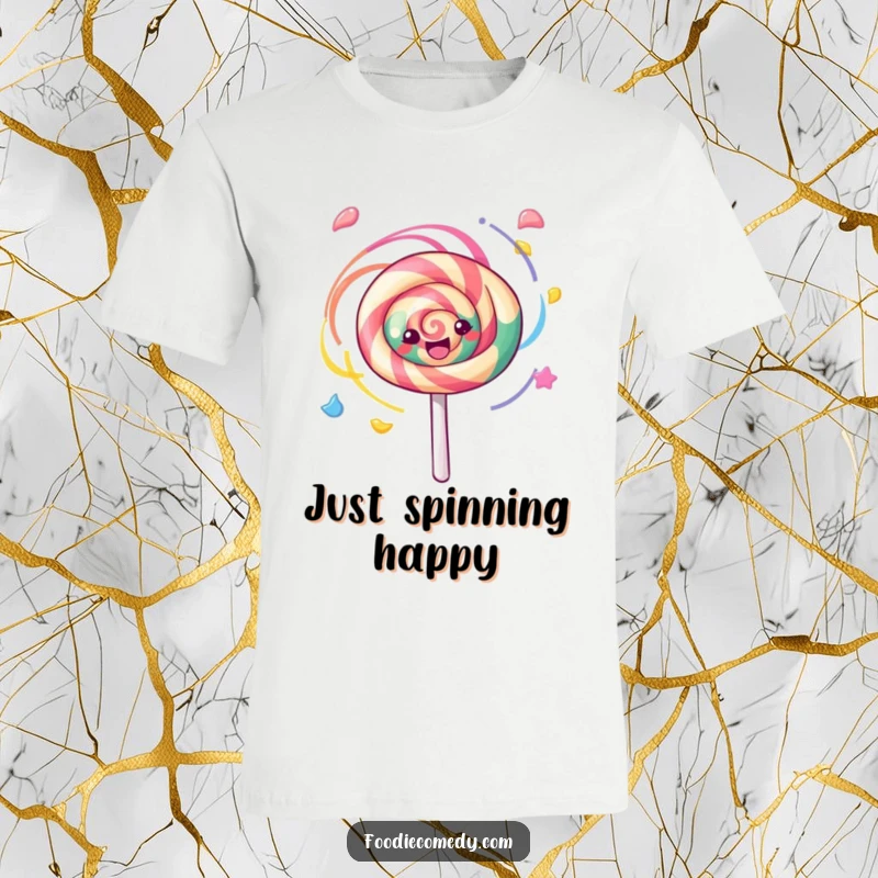 Funny kawaii lollipop spinning with vibrant colorful swirls on this t-shirt, a cheerful and humorous graphic tee.