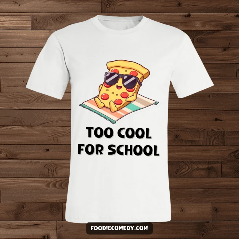 Funny Kawaii Pizza Sunglasses T-Shirt: A stylish pizza slice wearing sunglasses lounges on a beach towel, offering humorous, laid-back fashion.