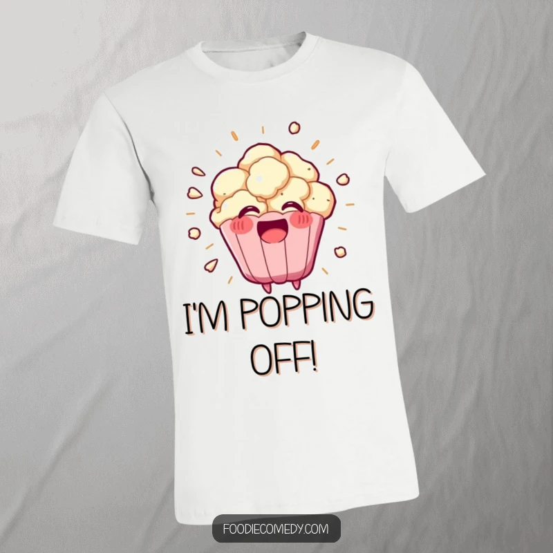 Funny kawaii popcorn kernel exploding in a happy burst on this t-shirt, a cheerful and humorous graphic tee.