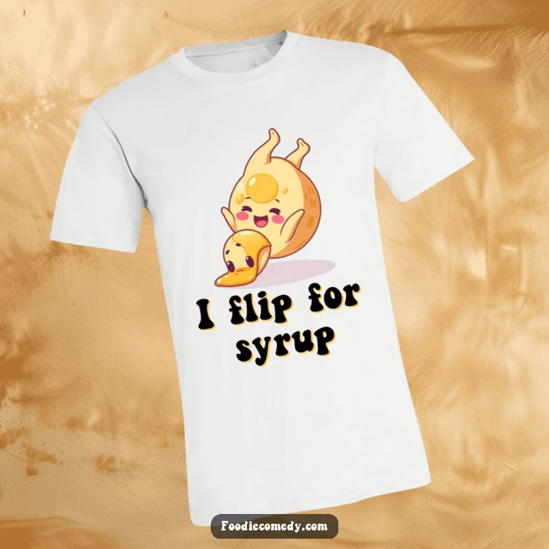 Funny pancake t-shirt featuring a happy pancake doing a syrup somersault, perfect for breakfast lovers seeking a laugh.
