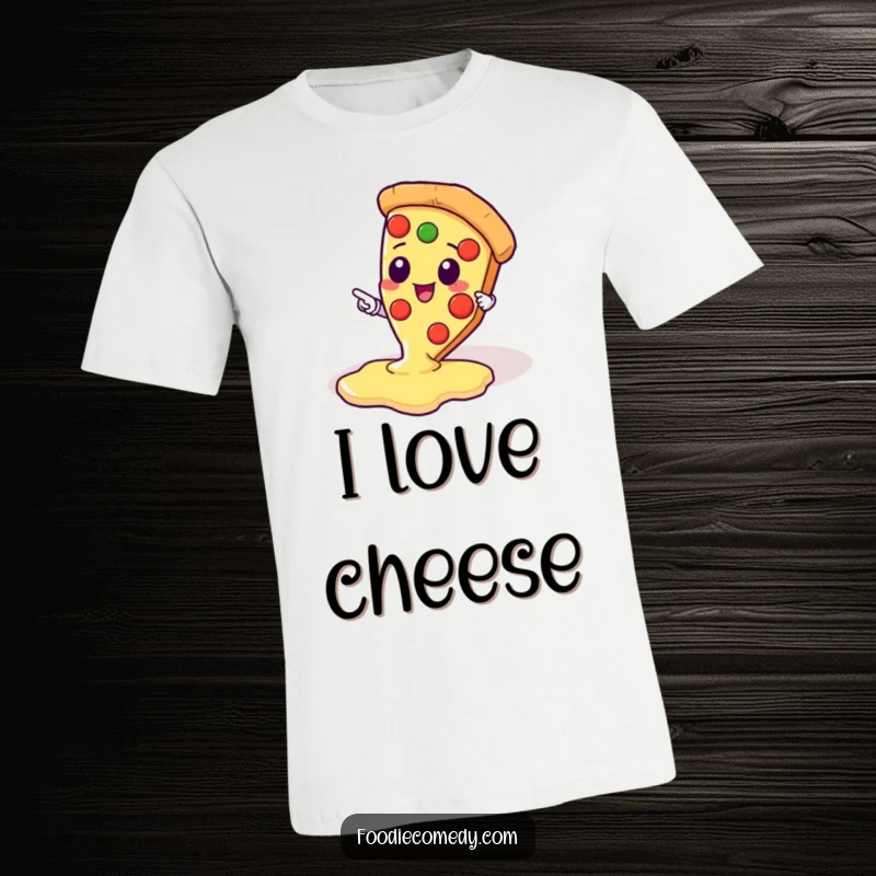 Funny t-shirt with a kawaii pizza slice character enthusiastically gesturing towards a glorious pool of melted cheese, a true pizza delight.