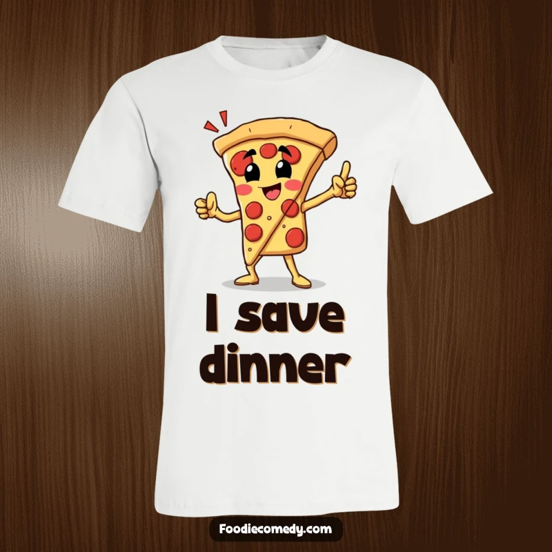 Funny pizza slice t-shirt showing a proud pizza slice in a heroic pose, ready to save the day.