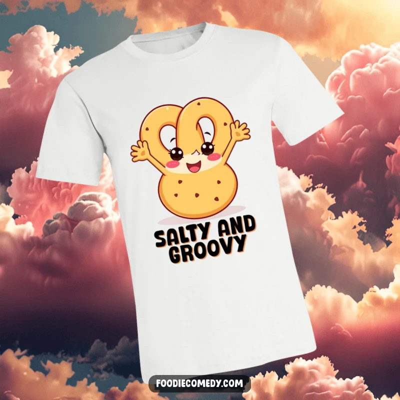 Funny pretzel t-shirt showing a joyful pretzel with arms boogying with enthusiasm, a top funny gift choice.