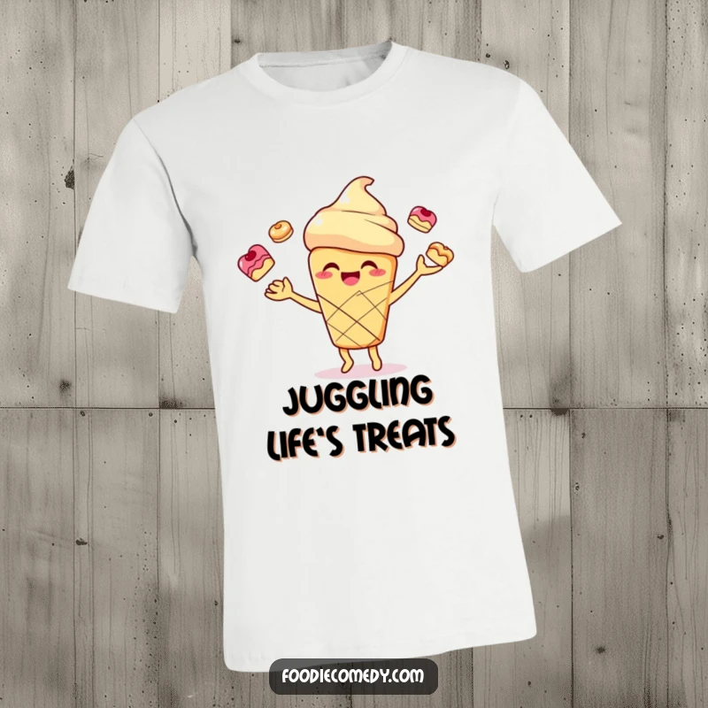 Funny smiling scone character joyfully juggling small pastries printed on a comfortable t-shirt, ideal for baking enthusiasts.