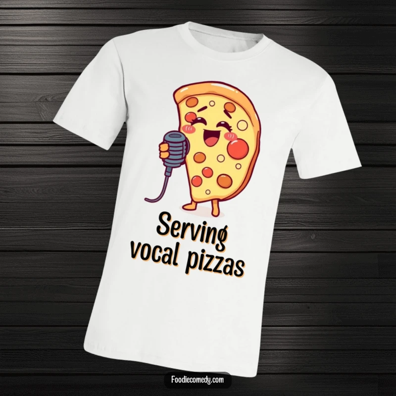 Funny t-shirt graphic of a pizza slice passionately singing into a microphone, showcasing a vibrant and humorous musical performance.