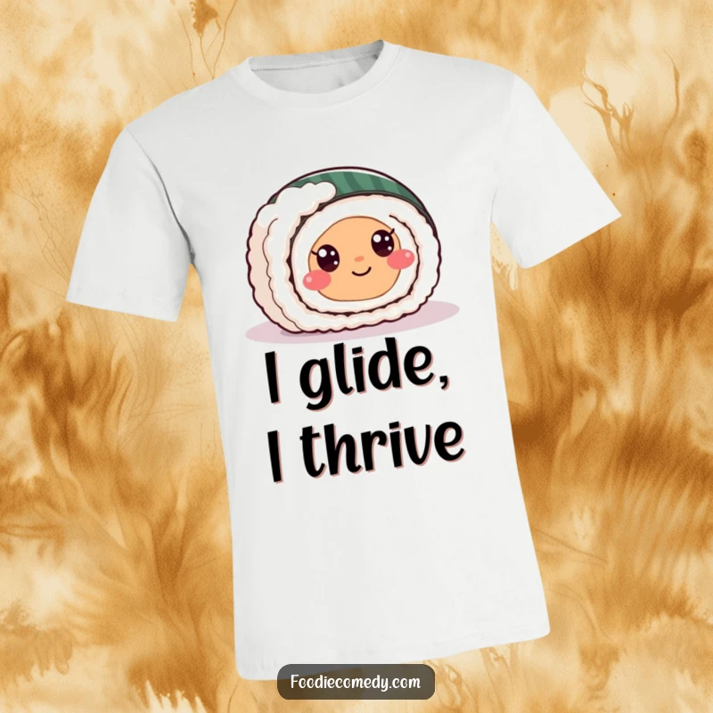 Funny sliding sushi roll t-shirt graphic of a cheerful sushi character with wide eyes joyfully sliding on a flat surface.