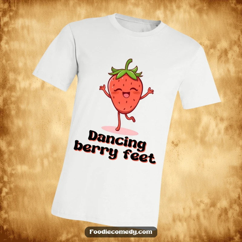 Funny strawberry t-shirt showing a giggling strawberry with legs doing a lively flamenco step, a top funny gift choice.