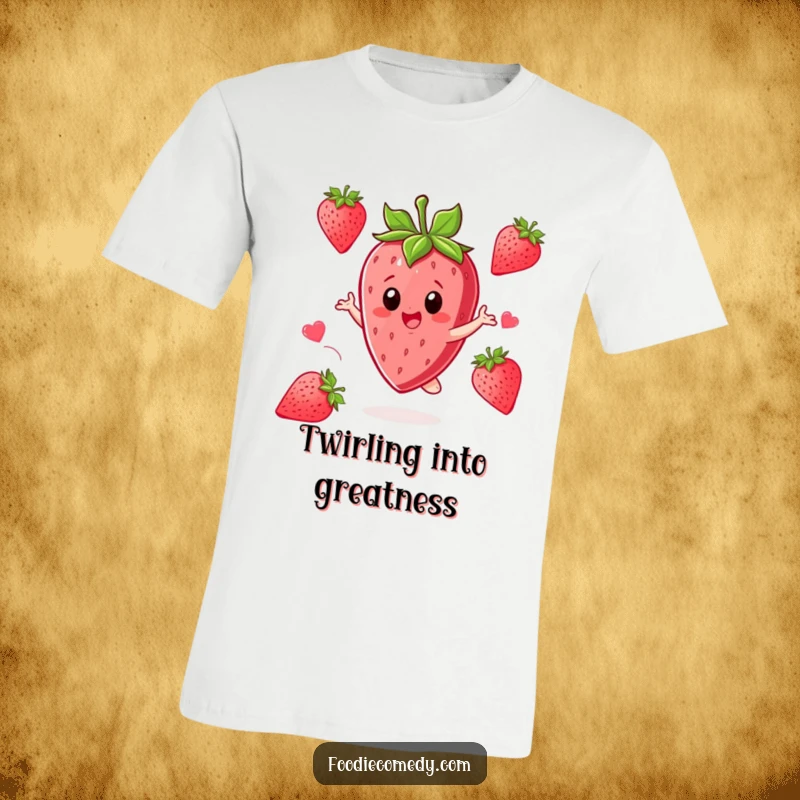 Funny Strawberry T-Shirt: A strawberry character twirls enthusiastically, full of excitement and cheerful energy.