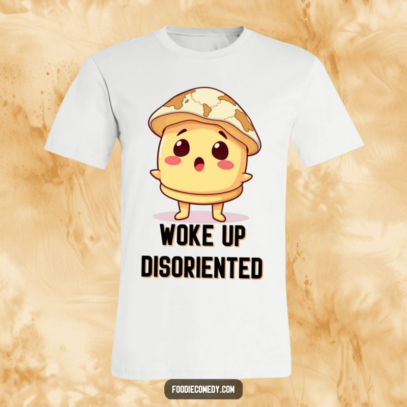 Funny T-Shirt: A surprised pancake character dons a map as a hat, ready for an amusing, unplanned journey.