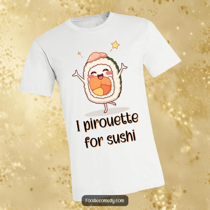 Funny t-shirt showcasing a happy sushi roll striking a dramatic ballet pose with comical intention, perfect for humor.