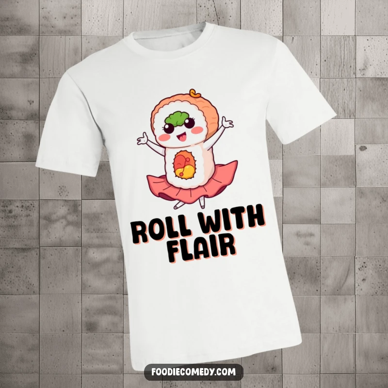Funny sushi t-shirt featuring a sushi roll in a flamboyant flamenco pose, perfect for food and dance lovers.