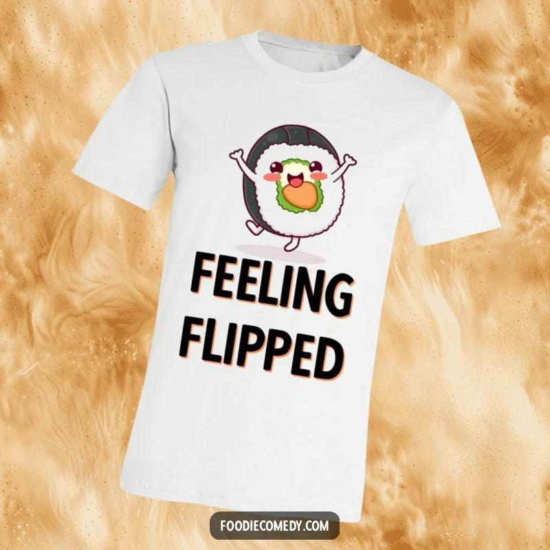 Funny sushi roll t-shirt depicting a cheerful character doing a happy cartwheel, perfect for sushi lovers and active fun.