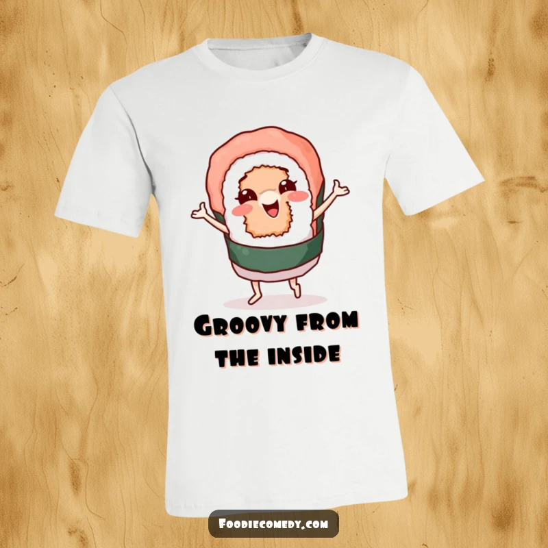 Funny t-shirt depicting a sushi roll character wiggling its body in a groovy dance, radiating pure fun and a passion for rhythm. A must-have for foodies.