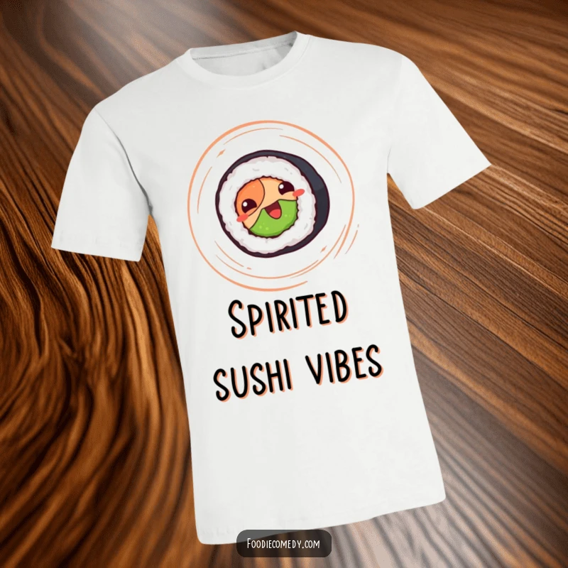 Funny sushi roll t-shirt, sushi roll spinning happily, cute food graphic tee, energetic.