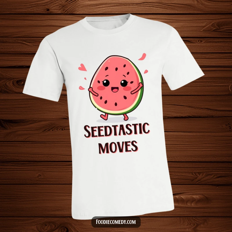 Funny Watermelon Dance T-Shirt: A cheerful watermelon slice in mid-groove, seeds scattered, exuding pure fun and musical energy.